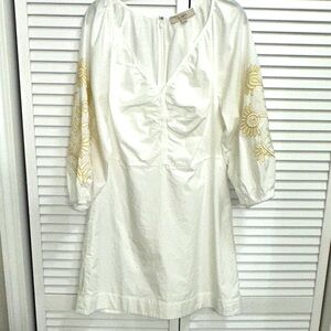 Loft White Dress with floral Embroidered Poplin Shirred Mini Dress